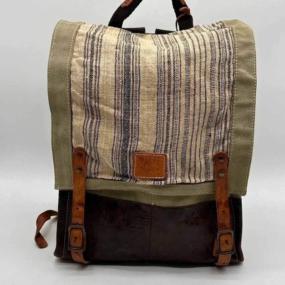 Will Leather Goods Olive, Brown & Cream Striped Canvas Backpack